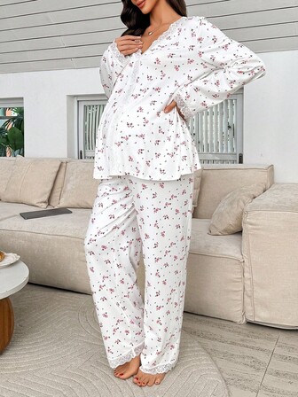 SHEIN Graviditet Moonlight & Mama Romantisk Blommig Kontrast Spets Långärmad Topp & Byxor Pyjamas Set För Gravida Kvinnor Blommigt Pyjamas Set Bekvämt Pyjamas Set, Höst Vinterkläder