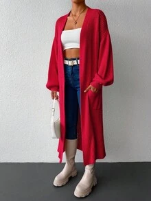 EURMUSE Drop Shoulder Lantern Sleeve Open Front Cardigan - Burgundy - View 2