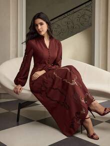 ZEYLAH Women's Solid Color V-Neck Button Design Lantern Sleeve Hollow Out Elegant Maxi Dress - Brown - View 5