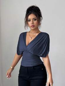 Elenzga Women's Spring/Summer Mesh Elastic Knit Lining Elegant Vacation Beach Commute Casual French Romantic Crossover Shirred Gathered Shoulder Sleeve Waist Ruched Drawstring Ruffle Hem T-Shirt Blouse