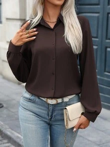EMERY ROSE Áo sơ mi nữ cổ bẻ màu trơn, thường ngày/công sở, mở phía trước, xếp ly phía sau và viền cong, tay dài, mùa xuân/thu - Cà phê nâu - Xem 6