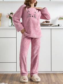 EURMUSE 2件套毛绒可爱猫脸刺绣睡衣套装 - 藕粉色 - 查看 3