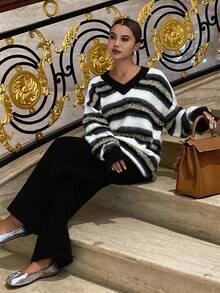 DAZY Contrast Stripe Lurex Fuzzy Loose V-Neck Long Sleeve Casual Street Style Knit Sweater For Women, Autumn/Winter - Black - View 6