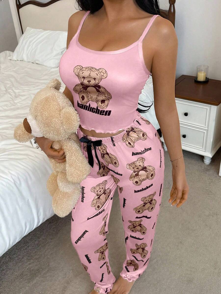 SHEIN 2pcs Cute Bear Print Camisole & Pants Pajama Set - Multicolor - View 1