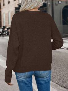 EMERY ROSE Suéter holgado de manga larga y unicolor casual para mujer - Marrón Mocha - Ver 2