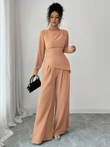 SHEIN Raffinéa Bộ 2 món/Bộ đồ nữ cổ tròn màu trơn xếp ly viền bất đối xứng tay dài 2 món mặc ở nhà Bộ đồ hai mảnh kín đáo cho nữ Bộ đồ hai mảnh thanh lịch cho nữ - Màu Khaki - Xem 8