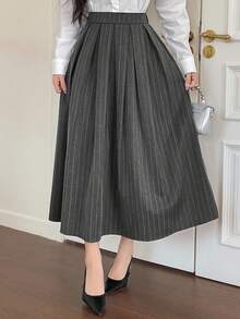 DAZY 女士休闲百褶条纹A字裙，秋冬女装半身裙 - 深灰色 - 查看 5