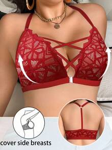 SHEIN 1pc Front Closure Lace Plus Size Wireless Bra, Lift - Red - View 4