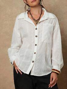 Freevana Plus Size Casual Solid Color Embroidered Shirt