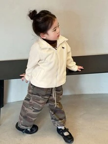 DAZY Áo khoác thêu lông cừu phong cách Hàn Quốc cho bé gái, Thu/Đông - Màu be - Xem 1