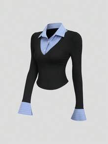 Sweetra Women's Y2K Autumn/Winter Versatile Striped 2 In 1 Shirt