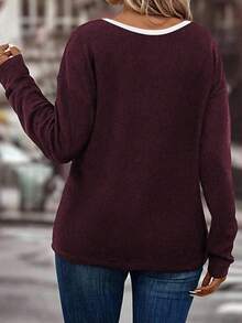 EMERY ROSE Áo thun nữ tay dài cổ chữ V màu tương phản thường ngày cỡ lớn - Đỏ - Xem 2