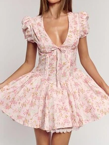 SHEIN BAE Váy ren xếp ly ngực màu trơn có dây đeo họa tiết hoa nhỏ - Hồng - Xem 4