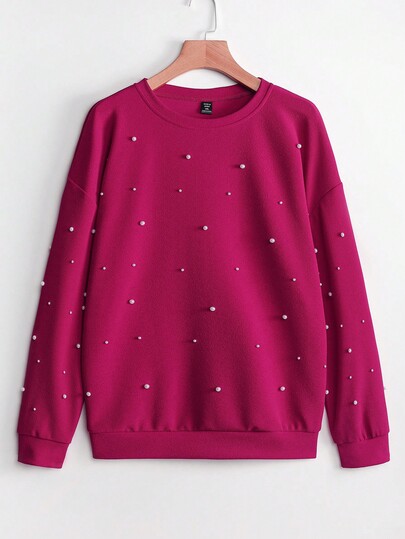 SHEIN LUNE Felpa oversize da donna casual e ampia, girocollo, spalle cadenti, maniche lunghe, con borchie, Felpa autunnale da donna con perle, Felpa rosa con perle, Felpa rosa con perle, Felpe da donna con perle, Felpa con applicazioni di perle