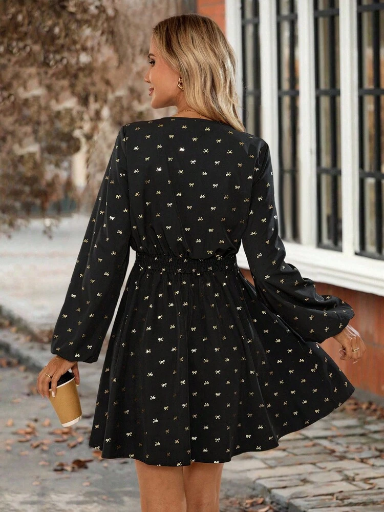 Women's Bow Print Long Sleeve Short Dress Fall Clothes For Women  Fall Outfits For Women Winter Dress Women Halloween Clothes   Christmas Party Dress Party Dresses For Women Party Dress Party Dress For Women  Dresses For Wedding Wedding Guest Dress For Women Chic Dress  Elegant Evening Dresses  Black Formal Dress For Women Casual Dresses For Women Party Dresses For Women  Party Dress For Women Elegant Dresses For Party