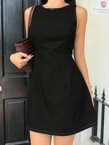 Siren Gaze Váy denim không tay thường ngày mùa hè dành cho nữ - màu đen - Xem 5