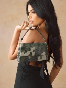 SHEIN SXY Damen Handtaschen mit Griff, Camouflage Muster, transparente Pailletten, modisch, elegant, schlicht, personalisiert, vielseitig, klassisch, für Date, Alltag, Einkaufen, Nachmittagstee, Party, Abschlussball, Club, Date, Geburtstag, Abend, Abenddate - Armeegrün - Übersicht 7