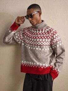 AKNOTIC 全新男士高领宽松休闲毛衣，适合秋冬季节、圣诞节、新年等场合穿着，长袖上衣，尽显魅力 - 卡其色 - 查看 7