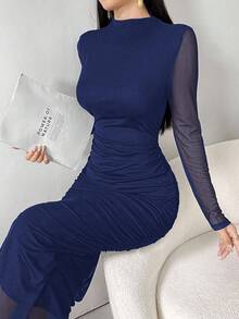 Modelyn Đầm Maxi Dài Tay Cổ Đứng Phối Lưới Xếp Ly Thanh Lịch Cho Nữ Trang Phục Đầm Dạ Hội Dài - Xanh đậm - Xem 9