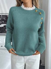 EMERY ROSE New Floral Trim Round Neck Loose Casual Women Sweater - Green - View 6