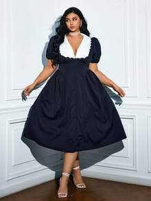 Viva Relle Plus Size Women's Elegant Party Plain Casual Simple Decoration Button Midi Dress - Multicolor - View 5