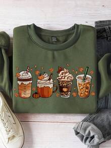 EMERY ROSE Halloween Pumpkin Drink Graphic Casual Minimalist Print Loose Thick Crew Neck Long Sleeve Hoodie Sweatshirt, Suitable For Autumn & Winter, Plus Size Fall - Army Green - View 1