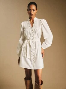 Poéselle 女士休闲纯色腰带长袖短款连衣裙 - 白色 - 查看 2