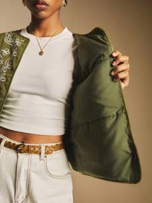 Poéselle 女士休闲复古保暖长袖纽扣式棉服 - 軍綠色 - 查看 9