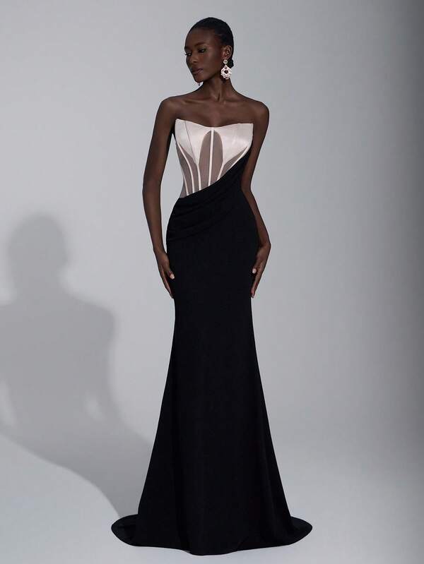 Elitara Elegant, Romantic, Sexy, Fashionable Black Contrast Color Satin Elastic Fabric Mermaid Hem Trailing Dress, Influencer, Holiday, Birthday Party, Wedding Event, Formal Gala