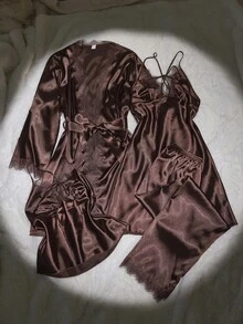Bộ 4 món SilkySpell: Áo hai dây chữ V khoét sâu gợi cảm dành cho nữ, Áo ngủ, Quần, Áo choàng, Bộ đồ ngủ bằng vải satin, Màu cà phê, Bộ đồ ngủ màu nâu cho mọi mùa Bộ đồ ngủ bằng vải satin Bộ đồ lót bằng vải satin Chi tiết ấm cúng và thanh lịch, Quần áo thu đông - Màu nâu Sô-cô-la - Xem 4