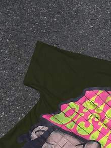 PAVTROS T-shirt à col rond tronqué pour hommes, motif tête de dessin animé surdimensionné, Top ample de style rue - Militaire verte - Voir 4