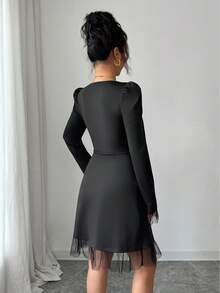 Elenzga Vestido elegante de mujer con cuello cuadrado, mangas abultadas y dobladillo de malla de unicolor - Negro - Ver 2