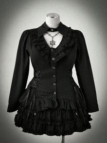 Sunspun Blusa de manga larga con cuello hueco asimétrico y volantes en el bajo, para mujer de talla grande, ropa de otoño - Negro - Ver 1