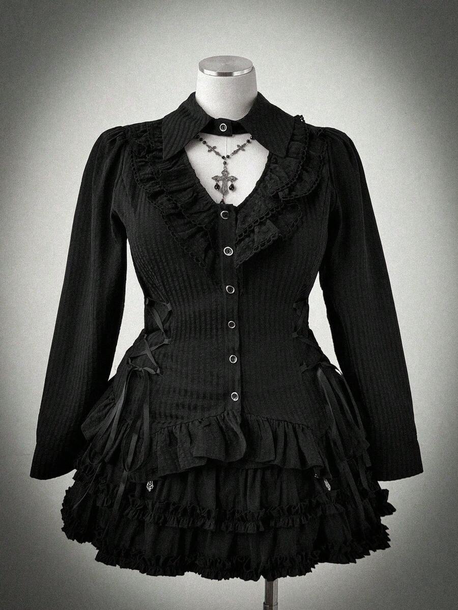 Sunspun Blusa de manga larga con cuello hueco asimétrico y volantes en el bajo, para mujer de talla grande, ropa de otoño - Negro - Ver 1