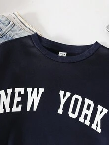 SHEIN Moletom feminino adolescente casual com estampa de slogan em letras, gola redonda, manga longa, cor sólida, peça básica e versátil, ideal para ir ao trabalho, escola, uso diário, viagens, festas ao ar livre, esportes e outono/inverno. Moletom de Nova York para jovens. - Azul marinho - Ver 5