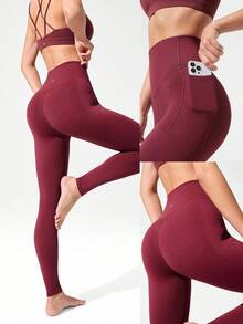 GLOWMODE 28" FeatherFit™-Warm High Waist Leggings With Side Pockets Low Impact Yoga Pilates Daily Autumn Winter - Burgundy - View 8