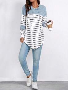 SHEIN PETITE Camiseta de manga larga casual de parches para mujer de talla pequeña en azul heather - Azul y blanco - Ver 6