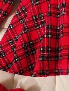 SHEIN Tween Girl Cute Red And White Plaid Dress,Autumn Elegant Puff Sleeve Square Collar Ruffle Hem Flare Dress For Christmas Party,Matching Family,Daily - Red - View 6