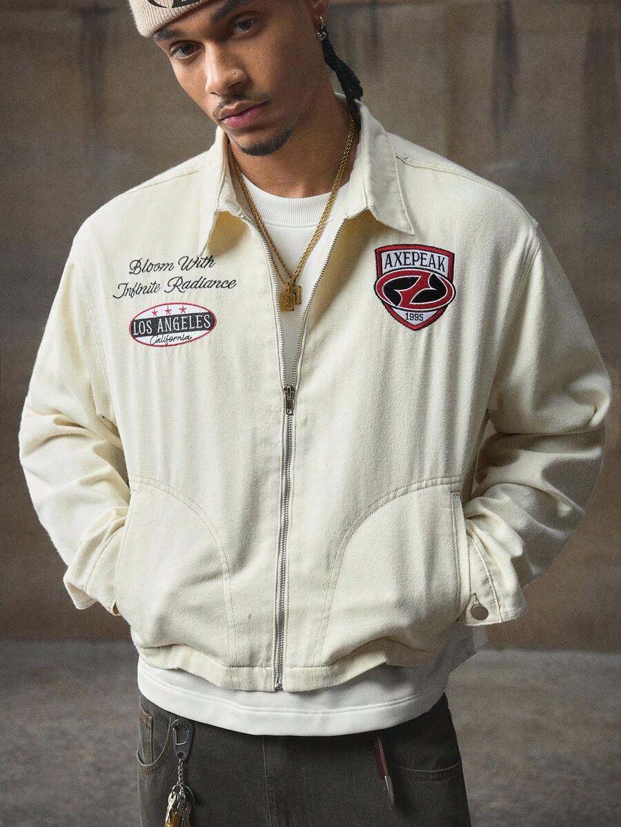 AXEPEAK 男士秋季标语印花长袖口袋休闲夹克，适合秋冬 - 杏色 - 查看 1