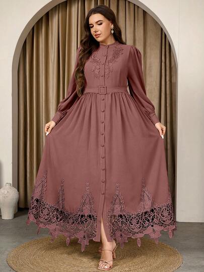 Graceveil Plus Size Long Sleeve Solid Color Lace Waist Belt Elegant Casual Dress