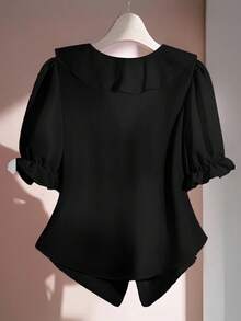 Franclia Blusa casual de verano con cuello en V, unicolor, volantes y mangas abullonadas