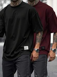 Manfinity Homme Men's Letter Graphic Round Neck Casual Loose T-Shirt Men Short Sleeve T-Shirt 2pcs