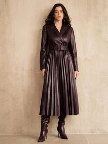 Anewsta Women's Red Collared Fitted Waist Cinched Waist Pleated Hem Elegant Dress, Suitable For New Year, Christmas, Winter Elegant Outfit - Burgundy - View 6