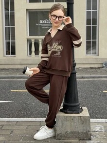 2 peças Camiseta de Manga Longa com Gola Polo e Bloco de Cores com Estampa de Letra + Calça de Cor Sólida para Meninas, Conjunto Esportivo Casual Adequado para Uso Diário, Volta às Aulas, Esportes na Primavera e Outono - Marrom Claro - Visão 6