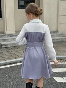 Tween Girl White Collared Button-Down Belted Dress Fall Winter - White - View 2