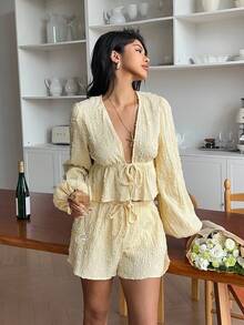 Serisse Women's Lantern Sleeve V-Neck Ruffle Textured Fabric Casual Elegant Top And Shorts 2 Pieces Set Winter - Yellow - View 3