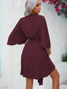 EMERY ROSE Solid Batwing Sleeve Wrap Knot Side Dress Vacation Beach Outfits Women - Maroon - View 2
