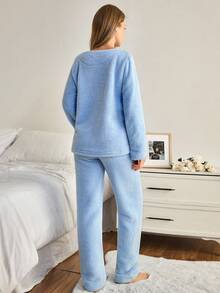 EURMUSE 女士两件套毛绒绒可爱小熊刺绣家居睡衣套装 - 藍色 - 查看 2