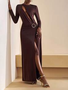 Zivah Women's Elegant Dark Brown Long Sleeve Metal Button Long Dress,Autumn Night Out Music Festival,St. Patrick's Day,College Style,Casual Beach Vacation - Brown - View 4