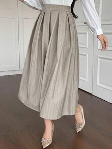 DAZY 女士休闲百褶条纹A字裙，秋冬女装半身裙 - 卡其色 - 查看 4